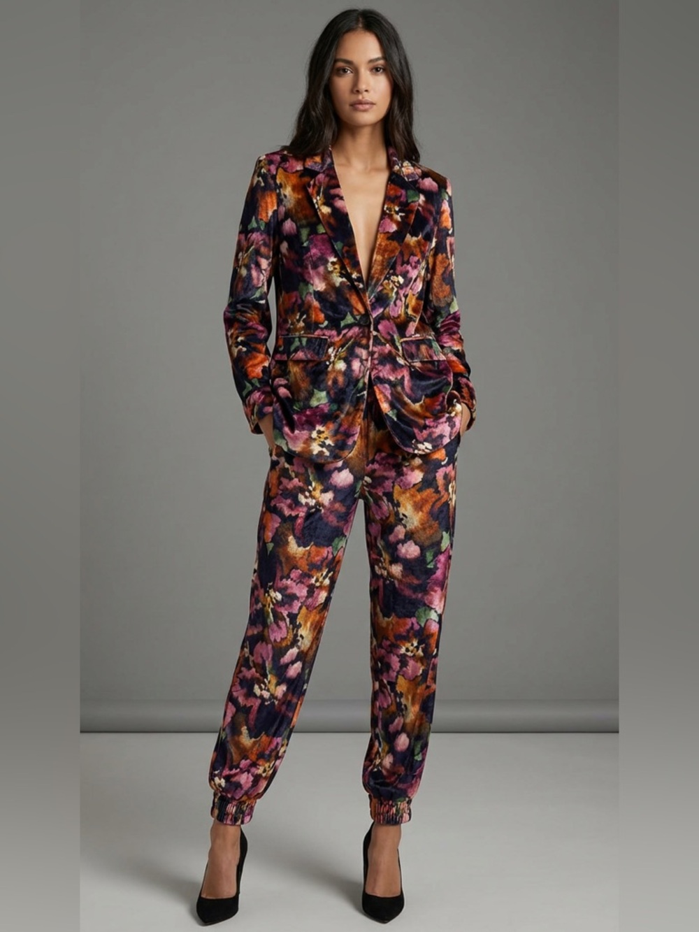 MISA Los Angeles Velvet Floral Blazer Pant Set Women Luxe Suit Jacket‎ Jogger